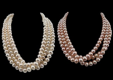 Two 14K Pink & White Three Strand Freshwater Pearl Necklaces