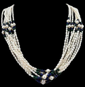 18K Pearl, Lapis, And Malachite Necklace