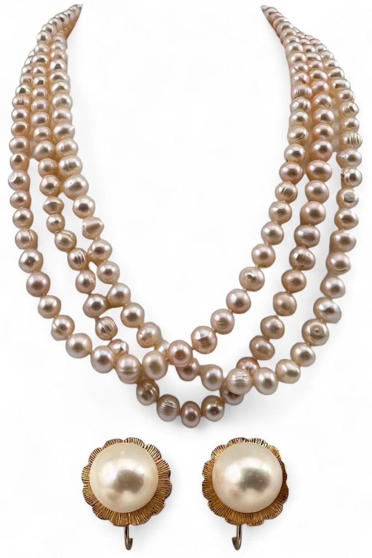 14K Pearl Earrings & Freshwater Pearl Necklace: 14K Pearl Earrings & Freshwater Pearl Necklace. Earrings marked 14K, 5.0g. Length of pearl strand approximately 60.0in. Pearls approximately 7.5mm. Earrings approximately 13.2mm. Pearls approximately 