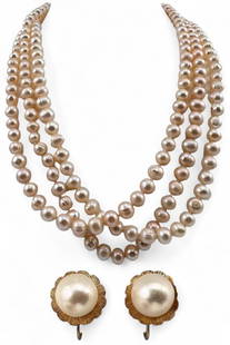 14K Pearl Earrings & Freshwater Pearl Necklace: 14K Pearl Earrings & Freshwater Pearl Necklace. Earrings marked 14K, 5.0g. Length of pearl strand approximately 60.0in. Pearls approximately 7.5mm. Earrings approximately 13.2mm. Pearls approximately