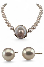 14K Pearl And Diamond Necklace & Pearl Earrings
