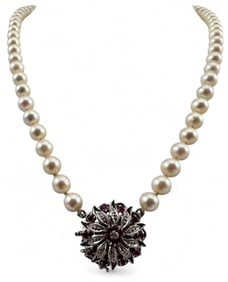 18K White Gold Diamond Ruby Pearl Necklace