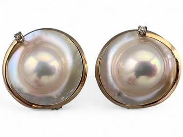 14K Blister Pearl Diamond Earrings