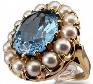 14K Blue Topaz Pearl Ring