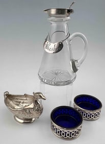 English Sterling Silver Mounted Whiskey Noggin & Salt Cellars, Including Cobalt Glass