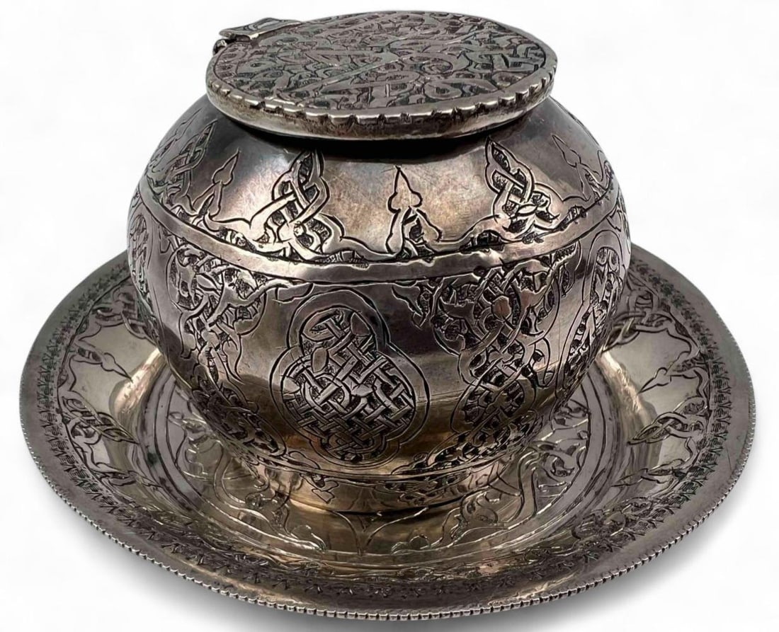 Persian Sterling Silver Jar & Plate: Persian Sterling Silver Jar & Plate. Unmarked, jar tests as 90 percent silver, 95.9g. Plate tests as 88 percent silver, 53.5g. Jar approximately 2.0H x 2.5W in. Plate approximately 4.0W x 0.5H in. ALL