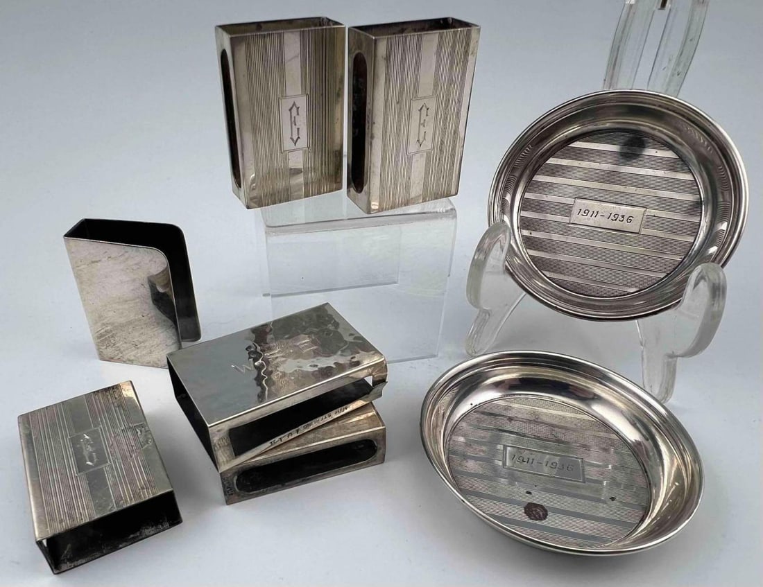 Art Deco Sterling Silver Matchbox Covers & Ashtrays: Art Deco Sterling Silver Matchbox Covers & Ashtrays, 97.4g. Ashtrays approximately 2.625L x 0.5H in. Matchbox covers approximately 1.625L x 1.125W x 0.5H in. ALL CREDIT CARDS WILL BE MANUALLY VERIFIED