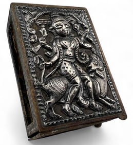 Indian Silver Mounted Brass Box With Image Of Shiva & Nandi
