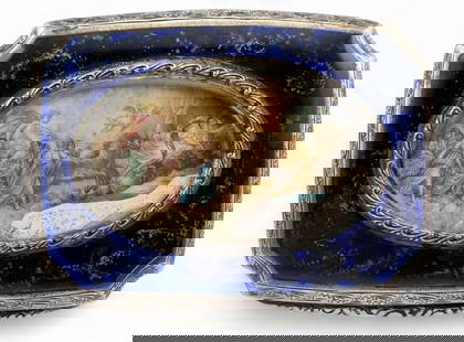 Enameled Silver Snuff Box With Classical Scene: Enameled Silver Snuff Box With Hand Painted Classical Scene, 76.1g. Marked "800." Approximately 3.125L x 2.375W x 0.5H in. ALL CREDIT CARDS WILL BE MANUALLY VERIFIED PRIOR TO SHIPMENT.