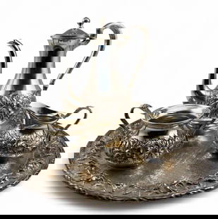 S. Kirk & Son Sterling Silver Tea Service: S. Kirk & Son Sterling Silver Tea Service, 1294.3g. Marked "S. Kirk & Son Inc. Sterling Hand Decorated. Platter approximately 11.0in. Teapot approximately 7.5H x 7.0L x 4.0W in. Sugar bowl approximate