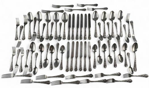 Gorham "Cluny" Sterling Silver Flatware Service: Gorham "Cluny" Sterling Silver Flatware Service, 67 pieces. Weight excluding knives 4135.4g. Knives 965.4g. Complete six piece service for eight, with 20 additional pieces. Marked "Sterling." Largest