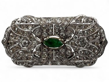 Art Deco Platinum Emerald Diamond Brooch