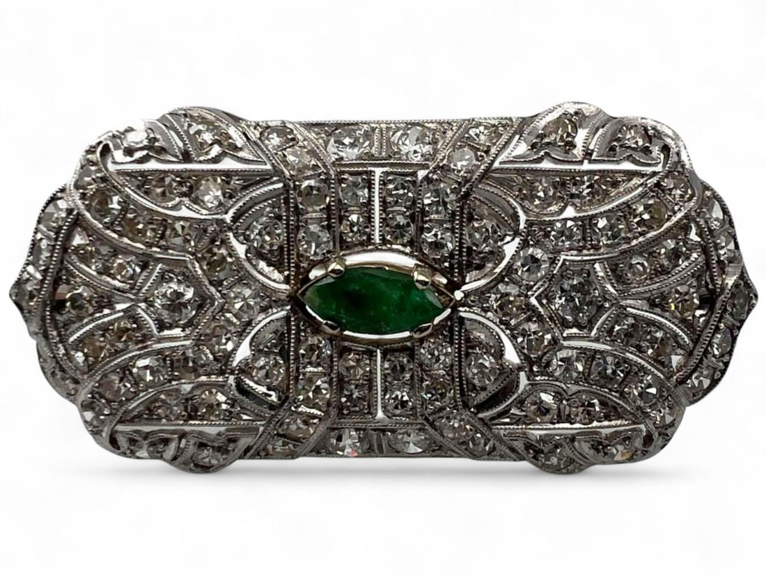 Art Deco Platinum Emerald Diamond Brooch (1 of 5)