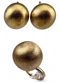 Mid Century Modern 14K Gold Ball Earrings & Ring