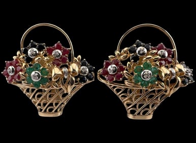 14K Sapphire, Ruby, Diamond & Emerald Flower Basket Earrings