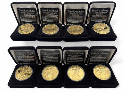 Eight 24K Gold Clad American Eagle Silver Dollar 1oz Silver Bullion Coins: Eight 24K Gold Clad American Eagle Silver Dollar 1oz Silver Bullion Coins. ALL CREDIT CARDS WILL BE MANUALLY VERIFIED PRIOR TO SHIPMENT.