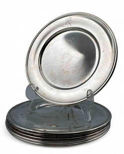 Set Of Six Sterling Silver Dessert Plates: Set Of Six Sterling Silver Dessert Plates, 594.8g. Marked "S. Kirk & Son, Inc. Sterling 58." Each approximately 6.0in. ALL CREDIT CARDS WILL BE MANUALLY VERIFIED PRIOR TO SHIPMENT.