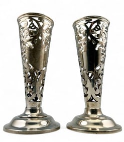 Pair Of Sterling Silver Openwork Vases