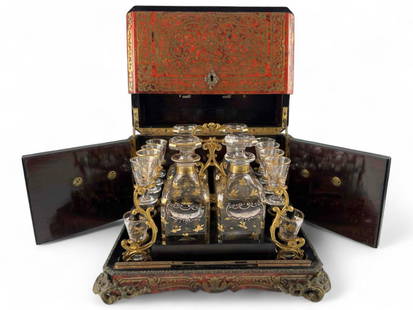 19th Century French Boulle Inlay Tantalus & Decanter Set: 19th Century French Boulle Inlay Tantalus & Decanter Set. Includes four parcel gilt decanters and ten cordial glasses. Decanter tags test as 800 silver. Please note that front latch does not close com