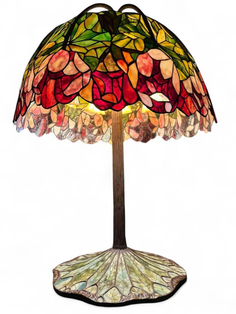 Tiffany Style Stained Glass "Red Lotus" Lamp (1 of 13)