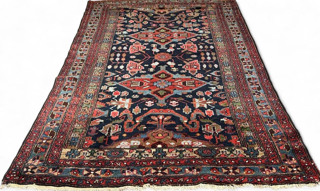 Vintage Hand Knotted Persian Rug With Floral Motif On Blue Ground: Vintage Hand Knotted Persian Rug With Floral Motif On Blue Ground. Approximately 6.3L x 4.3W ft. (Approximately 76.0L x 51.5W inches).