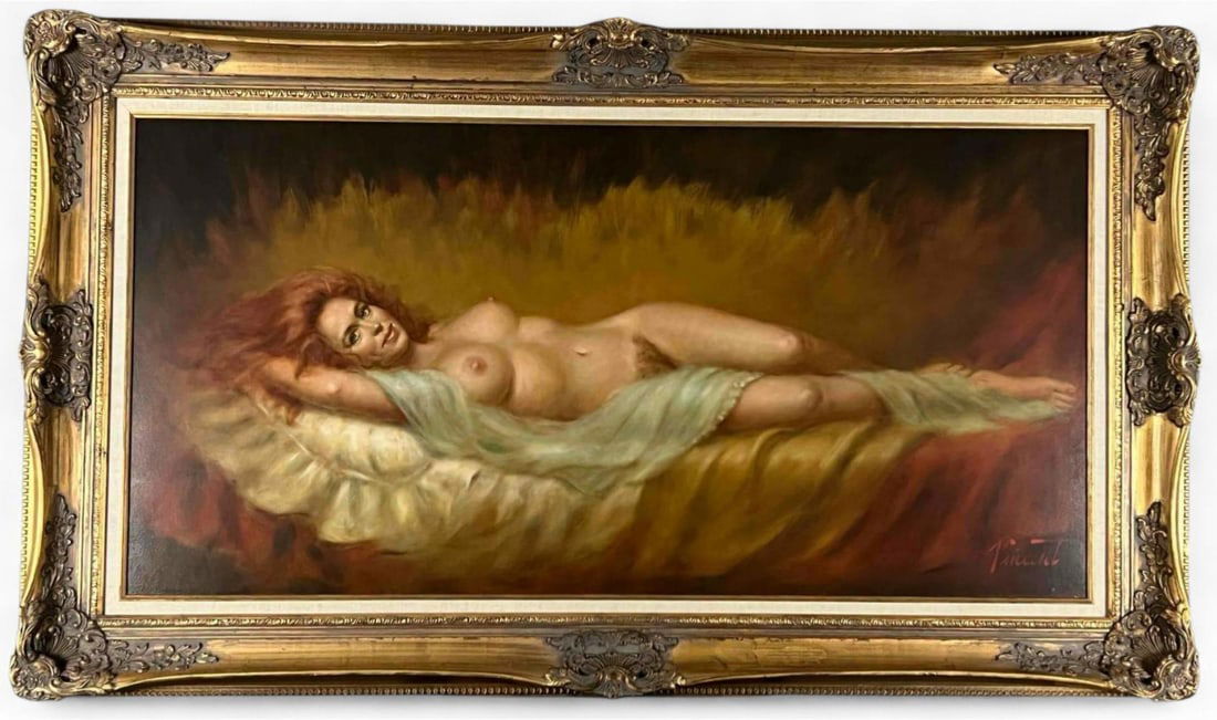 Larry Vincent Garrison (American, 1923-2007), Reclining Nude, Oil On Masonite: Larry Vincent Garrison (American, 1923-2007), Reclining Nude, Oil On Masonite. As framed approximately 57.5W x 33.25H x 2.75 in. Sight approximately 47.5 x 24.0 inches.