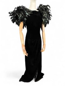 Vintage Victor Costa Black Velvet & Feather Gown
