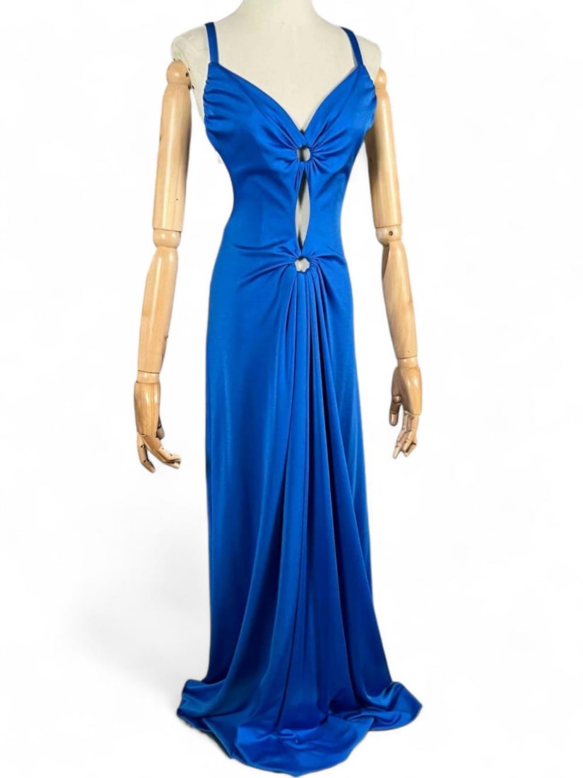 Adrian's Originals Vintage Blue Evening Gown With Open Back: Adrian's Originals Vintage Blue Evening Gown With Open Back . Total length approximately 57 inches. Bust approximately 21 inches. Waist approximately 23 inches.
