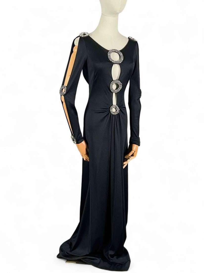 Vintage Loris Azzaro Jersey Evening Gown: Vintage Loris Azzaro Jersey Evening Gown With Rhinestone Details. No label, associated dress in previous lot. Total length approximately 56 inches. Bust approximately 32.0in inches. Waist approximatel