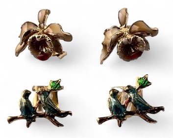 Two Pairs 14K Enamel Orchid & Love Bird Post Earrings