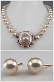 14K Pearl And Diamond Necklace & Pearl Earrings