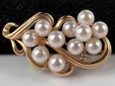 14K Pearl & Diamond Brooch