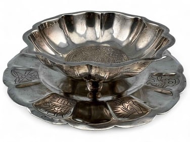 Vintage Mexican Sterling Silver Plate & Bowl With Precolumbian Motifs