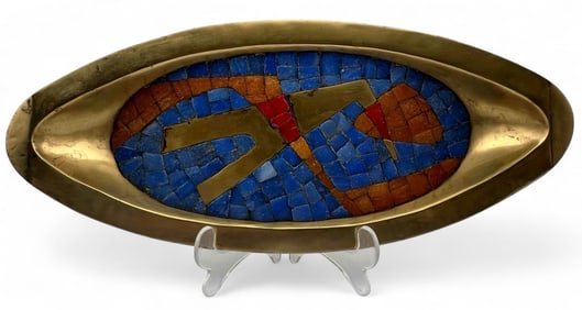 Salvador Teran, Mid Century Mexican Mosaic Inlay Brass Tray