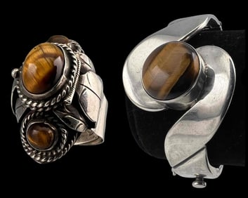 Los Ballesteros Taxco Mexican Sterling Silver Tiger's Eye Bracelet & Coordinating Locket Ring
