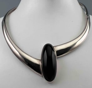 Vintage Taxco Sterling Silver Obsidian Necklace