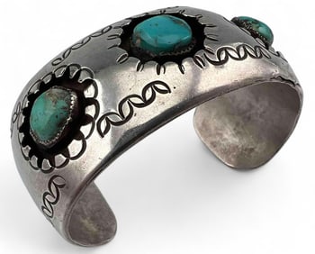 Older Navajo Hand Stamped Sterling Silver Turquoise Cuff Bracelet
