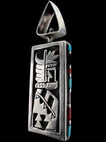 Native American Sterling Silver, Turquoise & Coral Double Sided Pendant