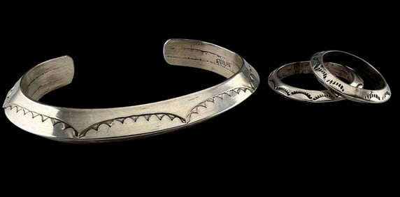 Navajo Hand Stamped Sterling Silver Cuff Bracelet & Ring