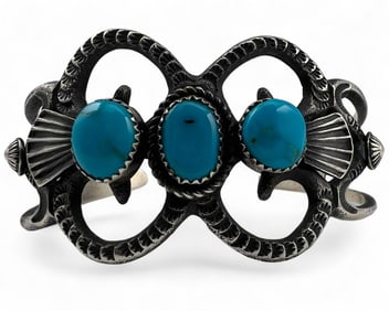 Navajo Sand Cast Sterling Silver Turquoise Cuff Bracelet