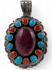 Sheila Tso, Navajo Sterling Silver Spiny Oyster, Coral & Turquoise Pendant