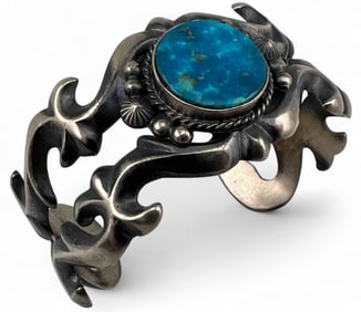 Harrison Bitusi, Navajo Sand Cast Sterling Silver Turquoise Cuff Bracelet