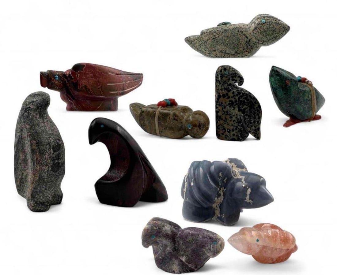 Lot Of Zuni & San Felipe Bird Fetishes: Lot Of Zuni & San Felipe Bird Fetishes. Lot includes: Melvin Sandoval (Zuni/San Felipe), cedar wood and turquoise bird fetish; Ronnie Lunasee (Zuni) Indian Paint Rock eagle fetish; and Steven Natachu 