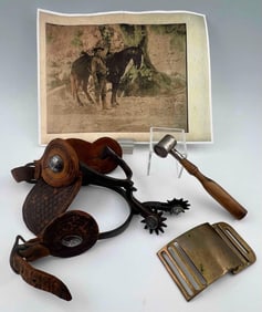 Antique Spurs Mounted With Mexican Silver Coins, Powder Measure and Belt Buckle
