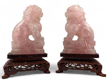 Pair Of Carved Rose Quartz Foo Lions
