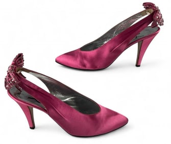 Vintage Yves Saint Laurent Beaded Pink Satin Slingback Shoes
