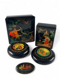Grouping Of Russian Palekh Lacquer Boxes & Brooch