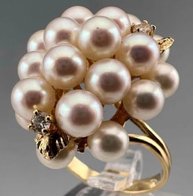 14K Pearl & Diamond Cluster Ring
