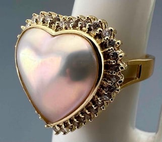 14K Heart Shaped Mabe Pearl Diamond Ring