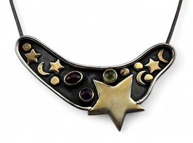 Sterling Silver Gem Set Moon & Star Necklace